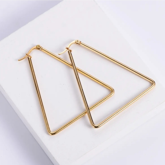 New 18K Gold Plated Stainless Steel Triangle Geometric Hoop Drop Earrings - Picture 6 of 7